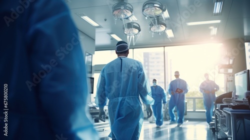 A team of doctors and surgeons is performing surgery in the emergency department operating room of a modern hospital.
