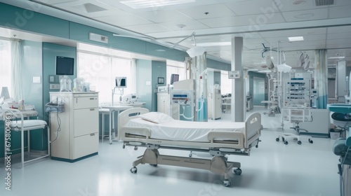 Vacant nursing bed in the ward Modern medical department with patient care equipment.