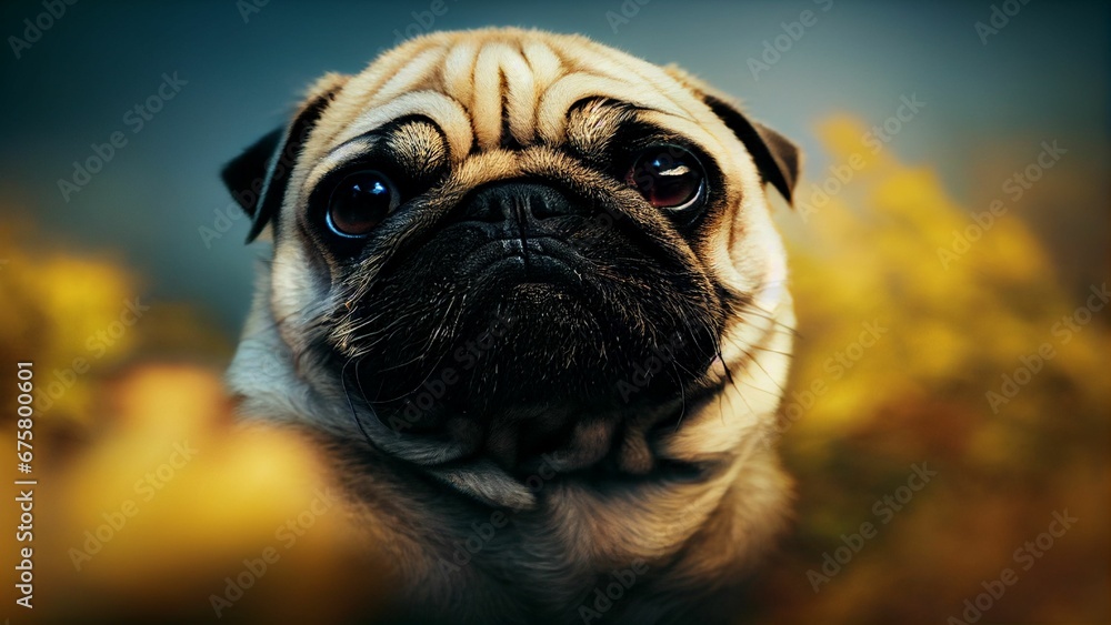 AI generated illustration of a cute Pug dog on a gray and yellow background