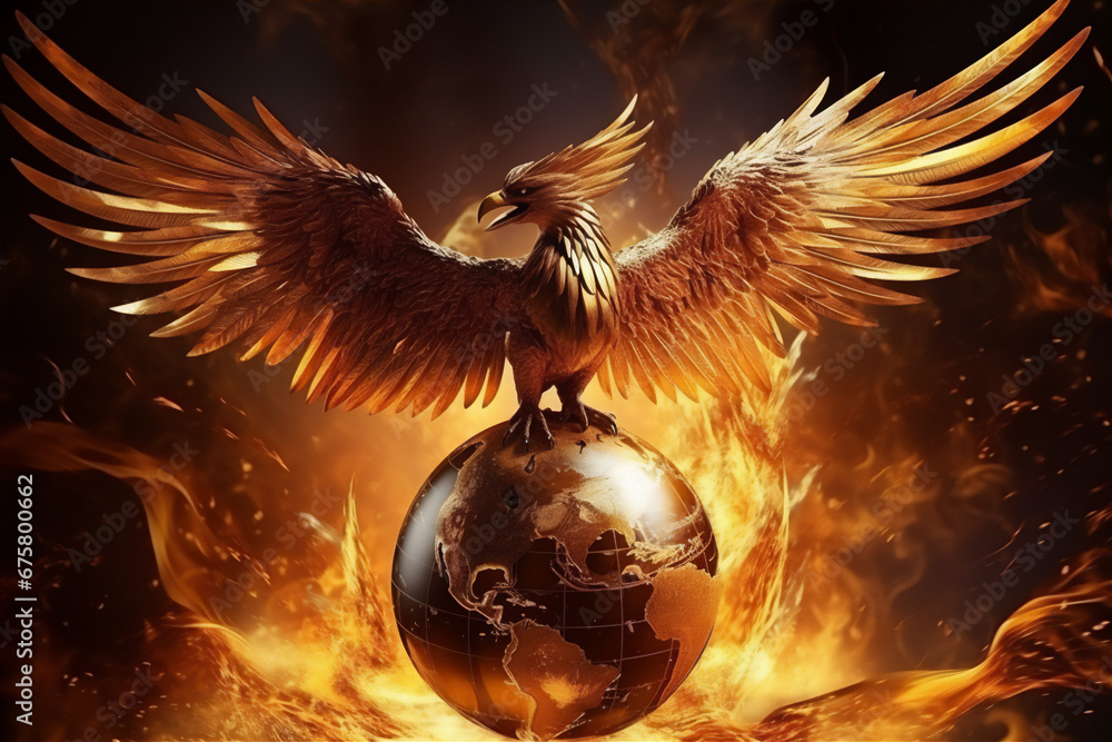 phoenix bird with with golden feather hold a realistic earth globe and spread its wings. - obrazy, fototapety, plakaty 