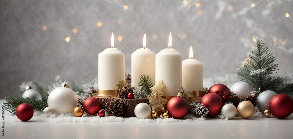White Christmas candles on rustic wooden table, with natural decorations of pine branches and cones, Greeting cards backgrounds with copy space, Merry Christmas and Happy New Year generative ai Burnin