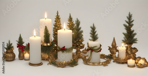 Christmas golden decor in white interior adventskranz with candles and decoration Christmas decorations with burning candles in white interior generative ai