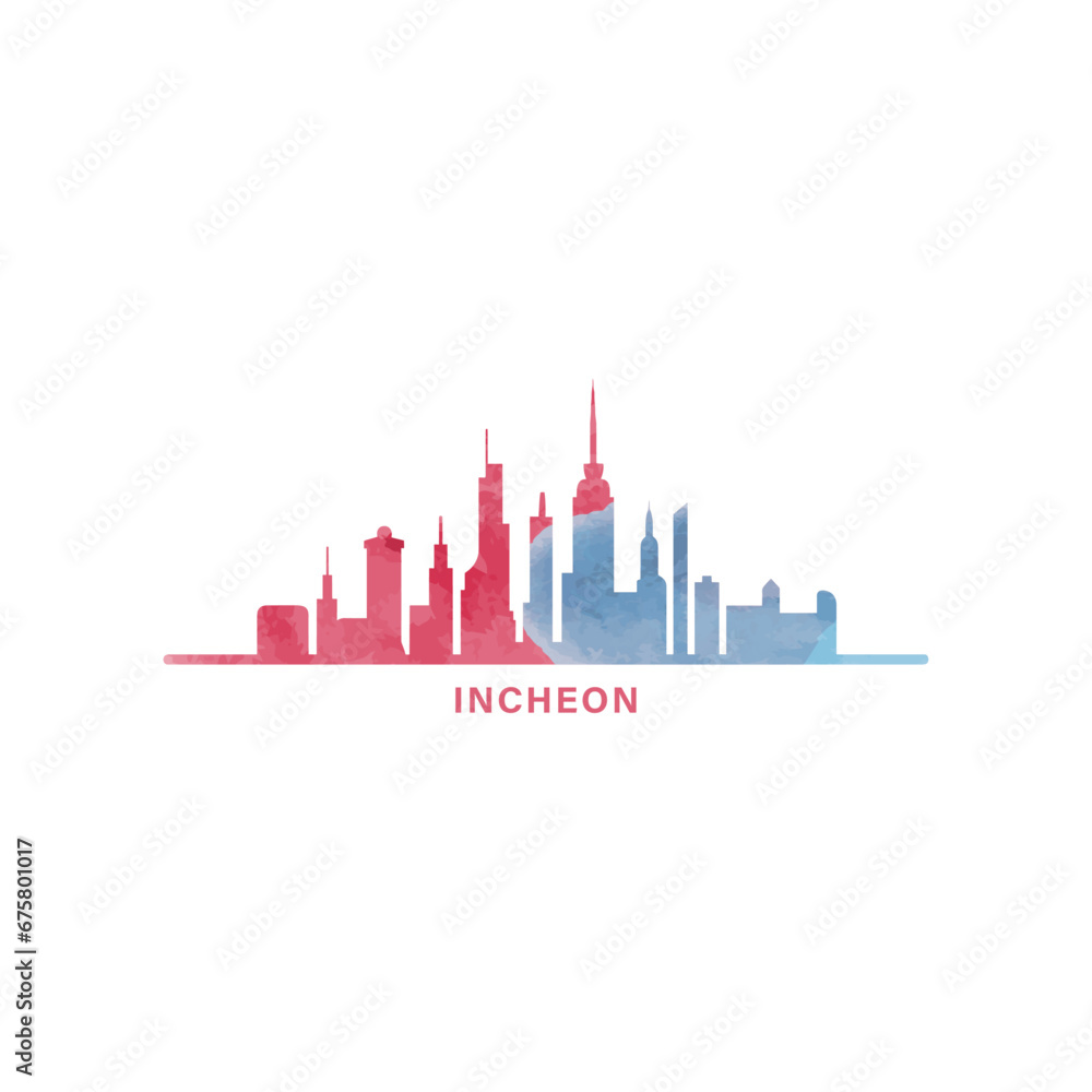 Incheon watercolor cityscape skyline city panorama vector flat modern logo, icon. South Korea megapolis emblem concept with landmarks and building silhouettes. Isolated graphic