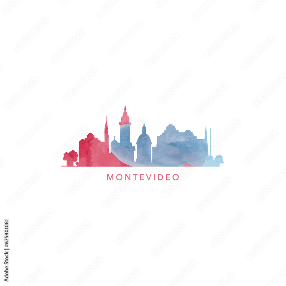 Montevideo watercolor cityscape skyline city panorama vector flat modern logo, icon. Uruguay town emblem concept with landmarks and building silhouettes. Isolated graphic