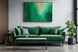 Green Serenity: Modern Living Room with Green Couch and Art
