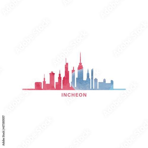 Incheon watercolor cityscape skyline city panorama vector flat modern logo, icon. South Korea megapolis emblem concept with landmarks and building silhouettes. Isolated graphic