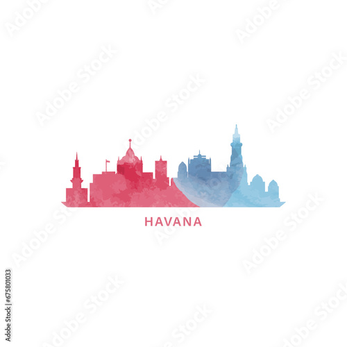 Havana watercolor cityscape skyline city panorama vector flat modern logo, icon. Republic of Cuba town emblem concept with landmarks and building silhouettes. Isolated graphic