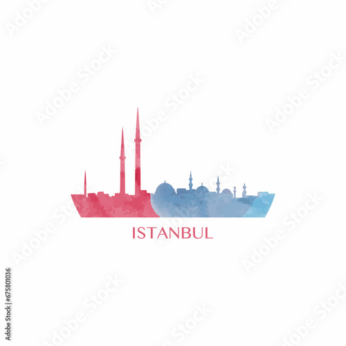 Istanbul watercolor cityscape skyline city panorama vector flat modern logo, icon. Turkey town emblem concept with landmarks and building silhouettes. Isolated graphic