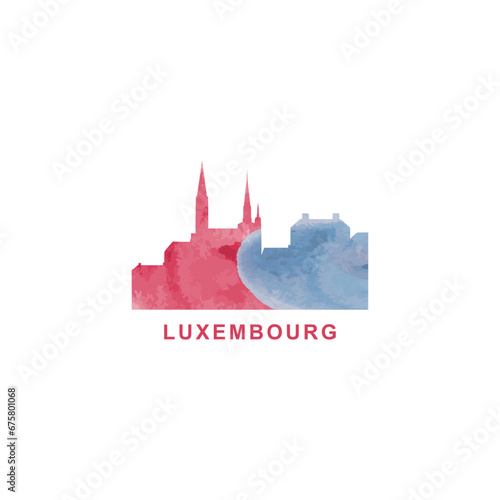 Luxembourg city watercolor cityscape skyline city panorama vector flat modern logo, icon. Emblem concept with landmarks and building silhouettes. Isolated graphic