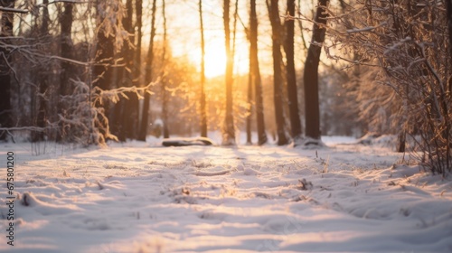 Winter solstice in snowy forest or park natural scene. Hibernal solstice. Sparkling snow in the snowy forest and low sun. Winter solstice half of Earth is tilted the farthest away from the sun