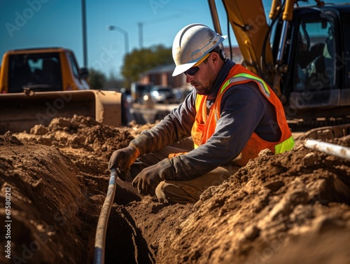 Construction worker in an excavator, carefully digging a trench for utility line installation photo