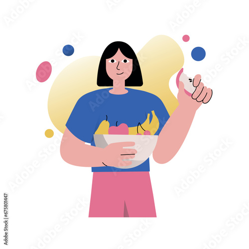Mental health concept with people scene in the flat cartoon design. The girl collected a whole plate of fresh fruits to enrich herself with vitamins. Vector illustration.