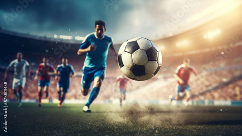 a soccer player kicking a soccer ball inside a stadium