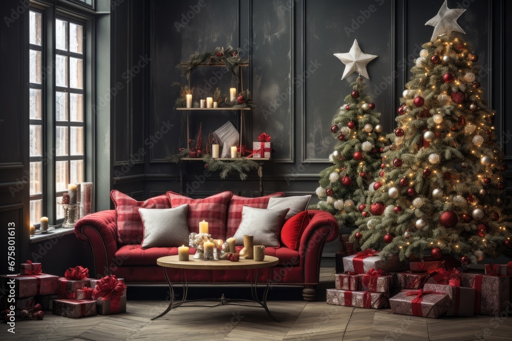 Obraz premium Festive living room, Christmas tree, decorated fireplace, holiday celebration, cozy winter interior, seasonal magic......