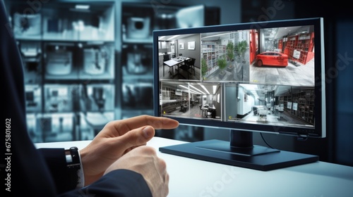 man with radio and screen to check cctv in virtual office, security system concept