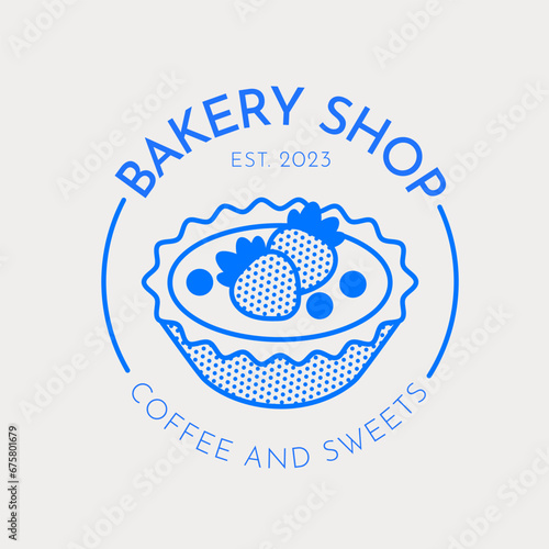 Logo template with a tart. Line art, retro. Pre-made design for bakeries, cafes, and restaurants.
