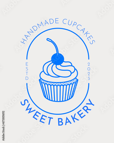 Logo template with a cupcake. Line art, retro. Pre-made design for bakeries, cafes, and restaurants.