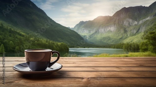 Coffee cup placed on an old wooden table with a background of a beautiful lake and mountains, drinks with nature