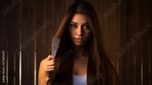 Beautiful woman combing her hair, woman with long hair, woman with beauty and fashion