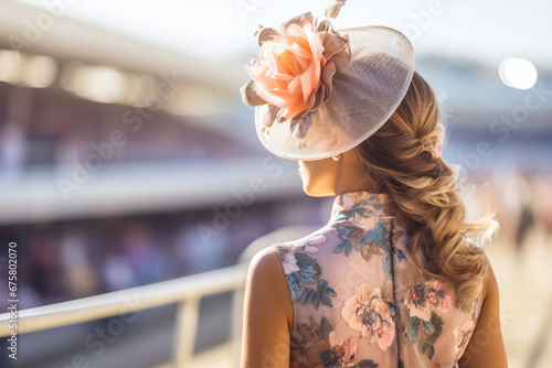 Young pretty woman in beautiful dress wearing fascinator at horse racing track. photo