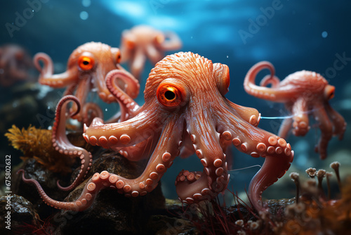 Playful interaction between a group of Octopus, showcasing their social dynamics and vigilant nature. 
