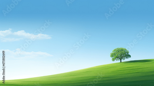 A tree on the lawn in front of a blue sky background