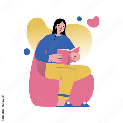 Mental health concept with people scene in the flat cartoon design. A girl reads an interesting book alone to relax and concentrate better. Vector illustration.