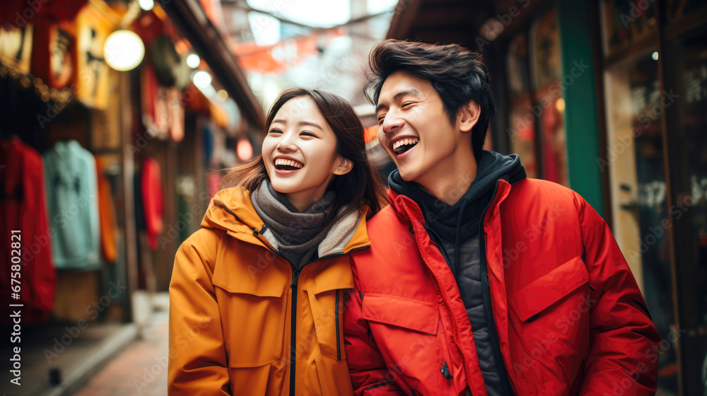 happy smiling Chinese couple wearing red clothing Chinese new year street