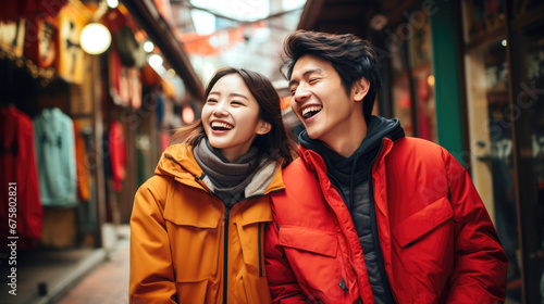 happy smiling Chinese couple wearing red clothing Chinese new year street © hakule