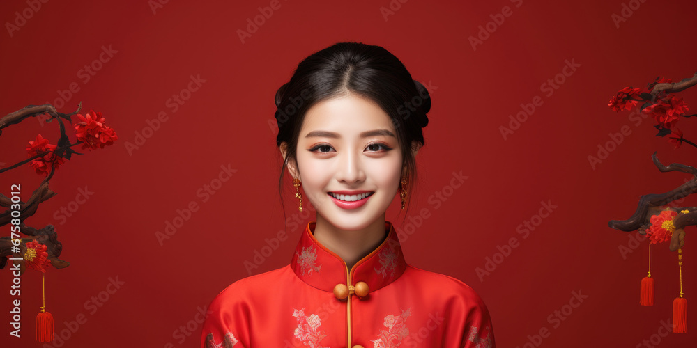 happy smiling vogue Chinese girl wearing red traditional clothing for Chinese new year happy smiling vogue Chinese girl wearing red traditional clothing for Chinese new year