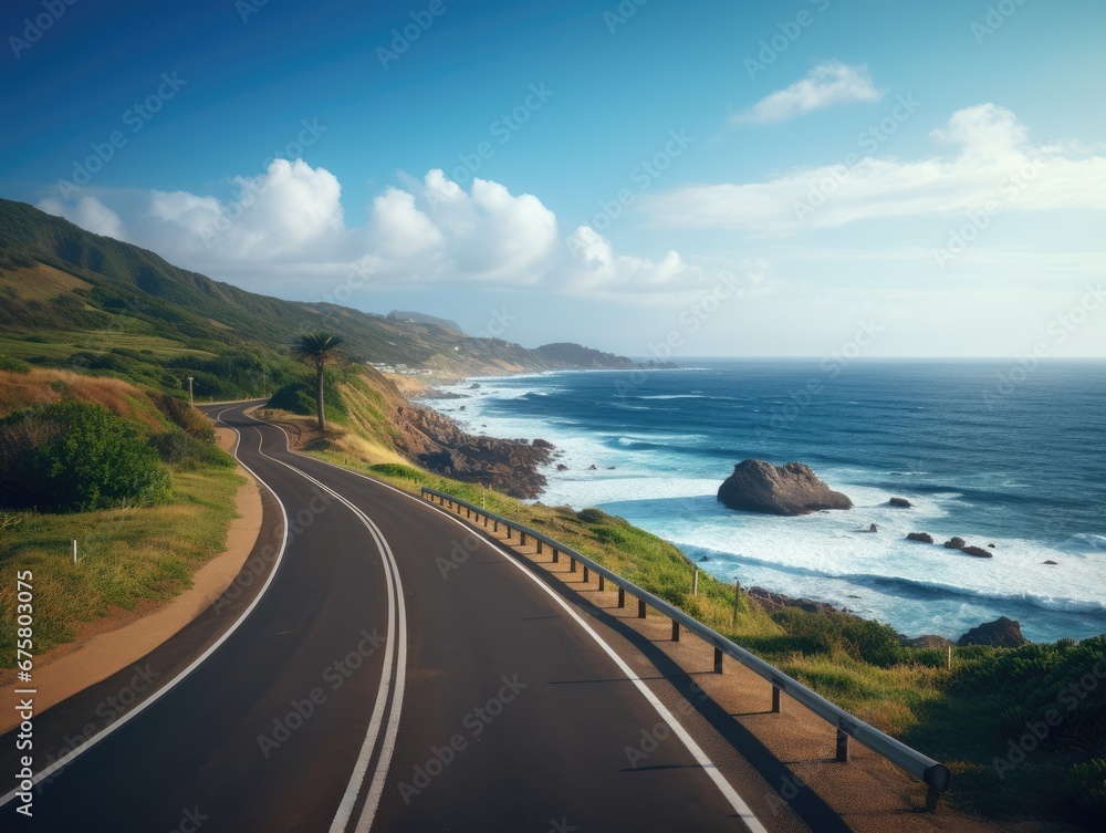 A serene coastal road with the endless expanse of the ocean on one side. A serene coastal road with the endless expanse of the ocean on one side.