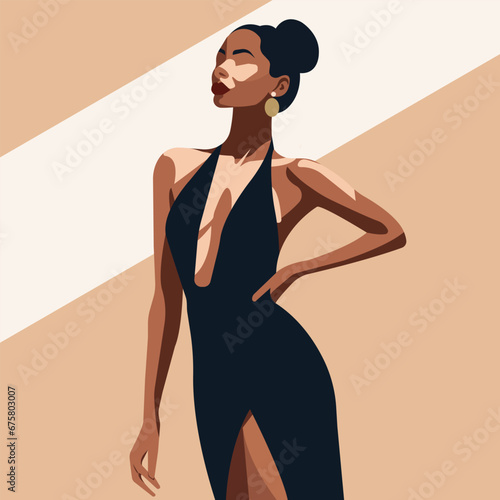 Vector flat fashion illustration, young African woman in a stylish elegant black dress with bare shoulders and a deep neckline.
