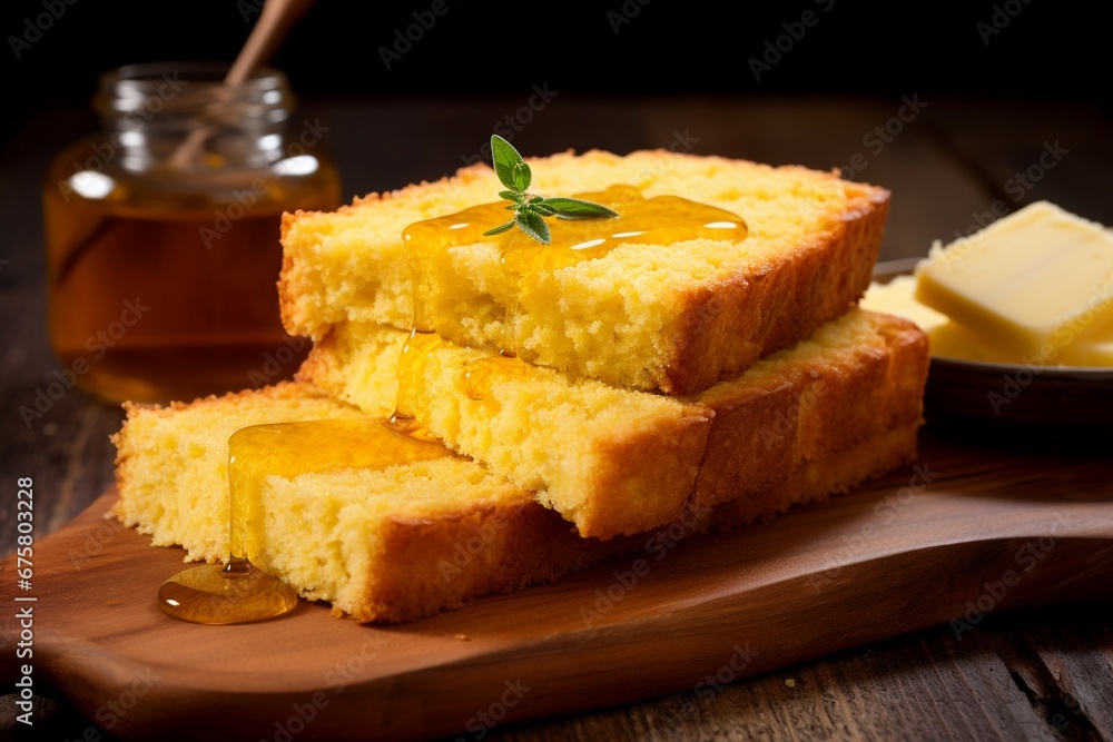 Southern Comfort: Freshly Baked Cheesy Cornbread Slices with Butter and Honey