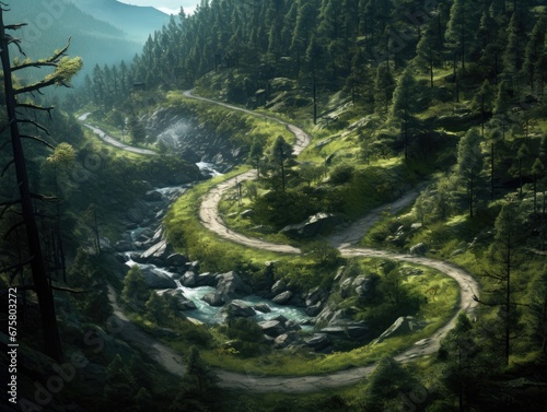 A winding mountain road disappearing into a dense forest of towering trees. © authapol