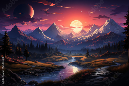 Low poly mountains landscape background. Polygonal shapes peaks with snow on top and trees around. Sunset wallpaper. 