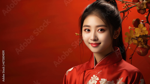 happy smiling vogue Chinese girl wearing red traditional clothing for Chinese new year