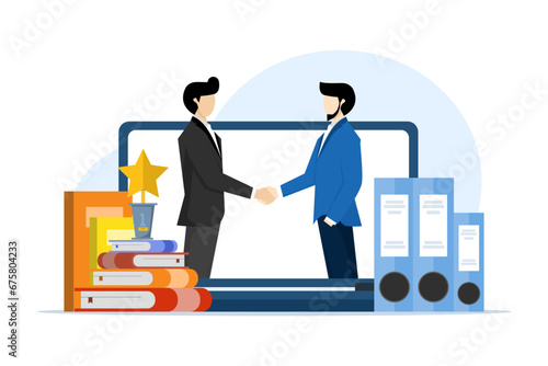 Concept of business agreement, entrepreneur, startup, business deal, cooperation, investment, partnership, partner, legally binding terms of agreement, vector flat illustration on a white background.