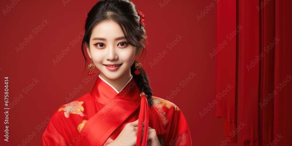 happy smiling vogue Chinese girl wearing red traditional clothing for Chinese new year happy smiling vogue Chinese girl wearing red traditional clothing for Chinese new year