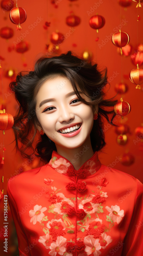 happy smiling vogue Chinese girl wearing red traditional clothing for Chinese new year happy smiling vogue Chinese girl wearing red traditional clothing for Chinese new year