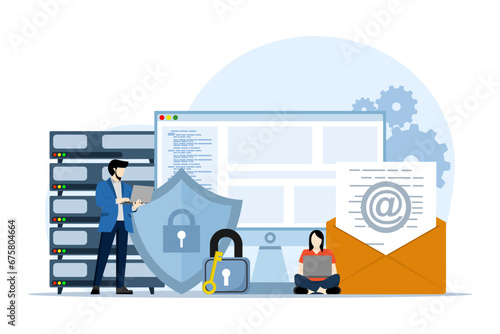 Concept of network security, cyber security, cloud computing, database management, user accounts, credit cards and mail protected from internet viruses. Protection from hackers, phishing and fraud.