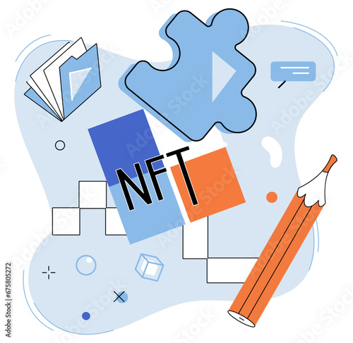 NFT vector illustration. Cryptocurrencies offer individuals greater control over their finances and ability to bypass traditional banking systems The rise NFTs has sparked cultural shift