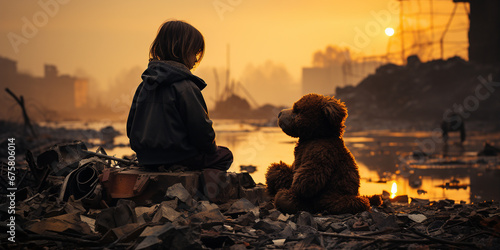 Bambino con orsacchiotto guarda un panorama distrutto e desolato. Ai generated. photo