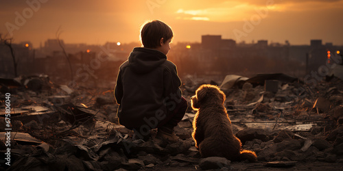 Bambino con orsacchiotto guarda un panorama distrutto e desolato. Ai generated.