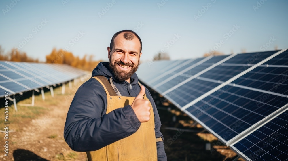 Technician smiling at the camera with solar panels in a field background