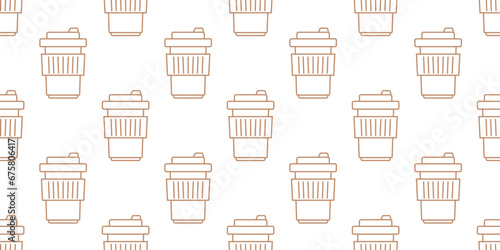 Disposable paper coffee cup seamless pattern. Linear doodles, line art. Take-away drinks. Background, digital paper, wrapping paper.