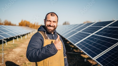Technician smiling at the camera with solar panels in a field background © CStock
