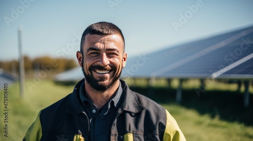 Technician smiling at the camera with solar panels in a field background