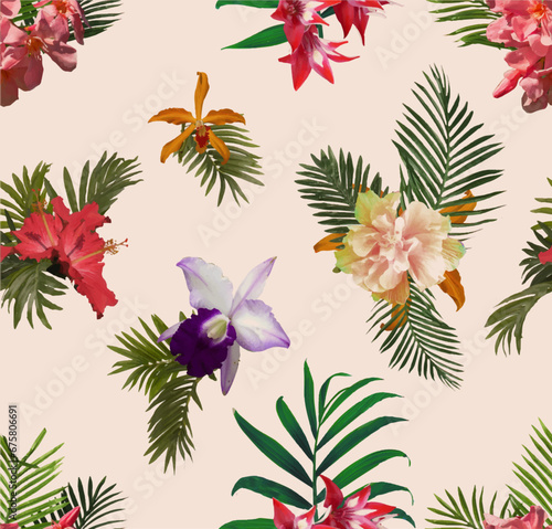  tropical botanic Pattern in vector , Beach cheerful seamless pattern wallpaper of tropical dark green leaves of palm trees and flowers