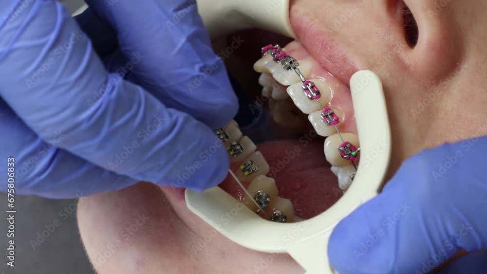 Orthodontist in medical gloves installs an arc in ligature braces on