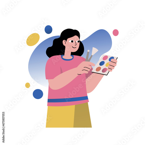 Mental health concept with people scene in the flat cartoon design. A young girl is going for a walk with friends, so she is doing make-up. Vector illustration.